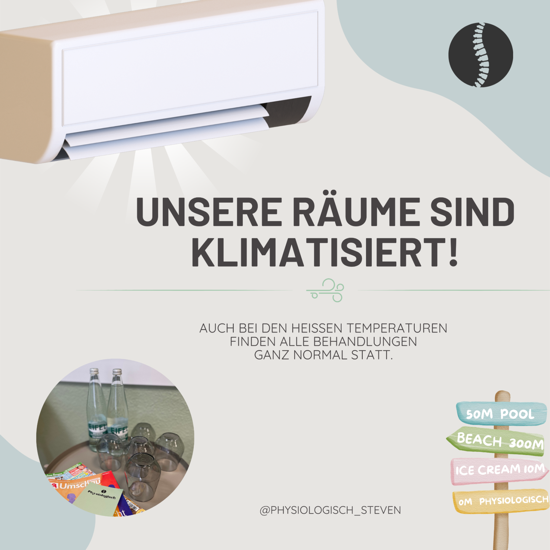 Klimaanlage mit Hinweistext zu klimatisierten Räumen und Temperaturkontrolle.